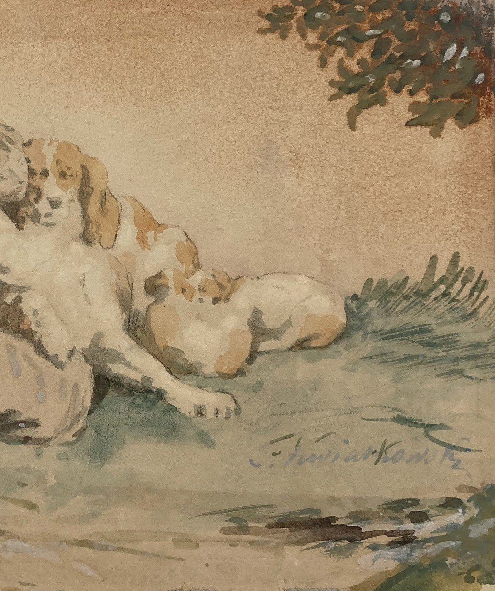 KWIATKOWSKI Teofil (1809-1891) Ecole Polonaise "Jeune fille avec chien" Dessin/Aquarelle, signé-photo-3