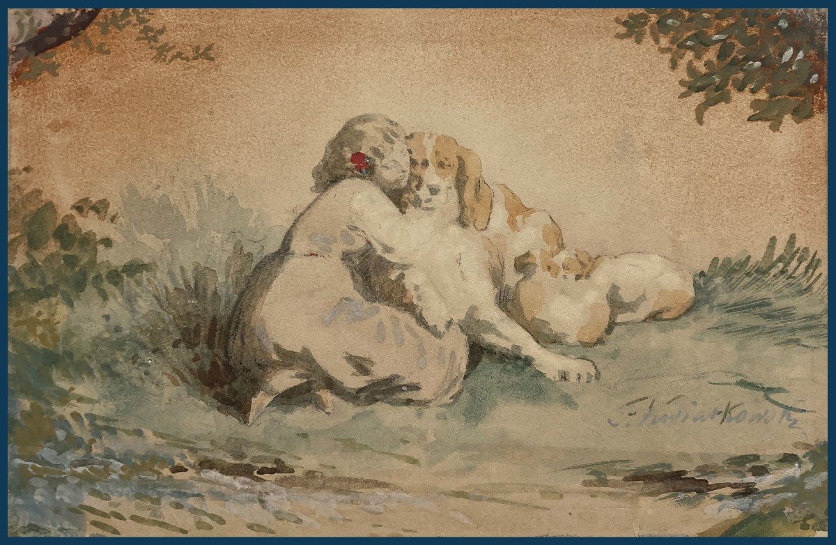 KWIATKOWSKI Teofil (1809-1891) Ecole Polonaise "Jeune fille avec chien" Dessin/Aquarelle, signé