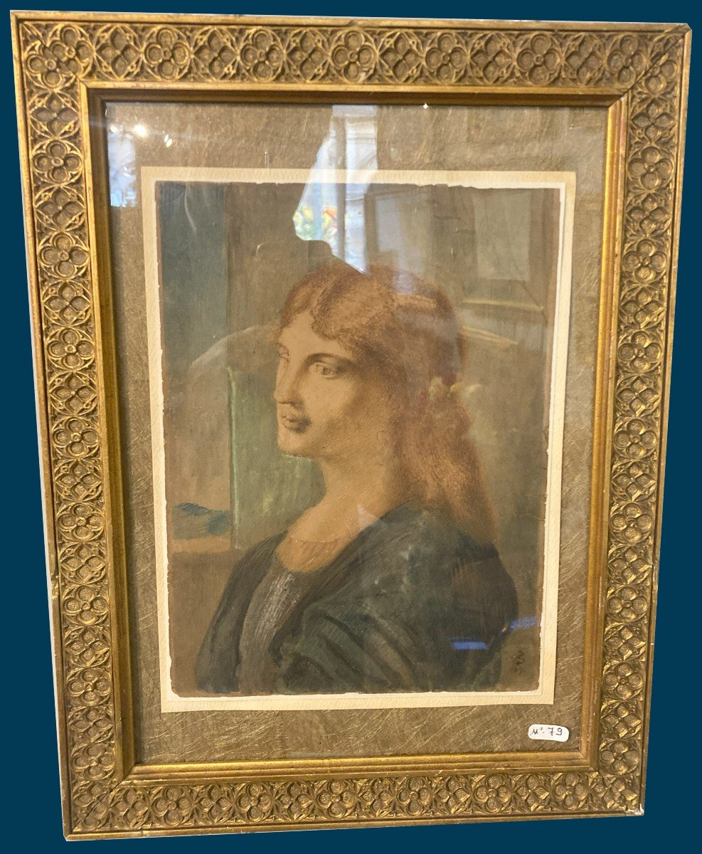 Salomon Siméon (1840-1905), Pre-raphaelite "portrait Of A Woman" Drawing/watercolor, Signed, Dated, 19th Frame-photo-4