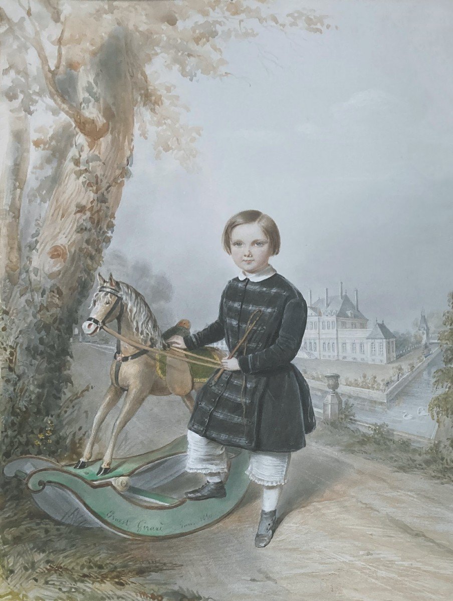 GIRARD Ernest (1813-1898) "Petit garçon et cheval" Dessin/Gouache, Signé, situé,daté,Beau cadre-photo-2