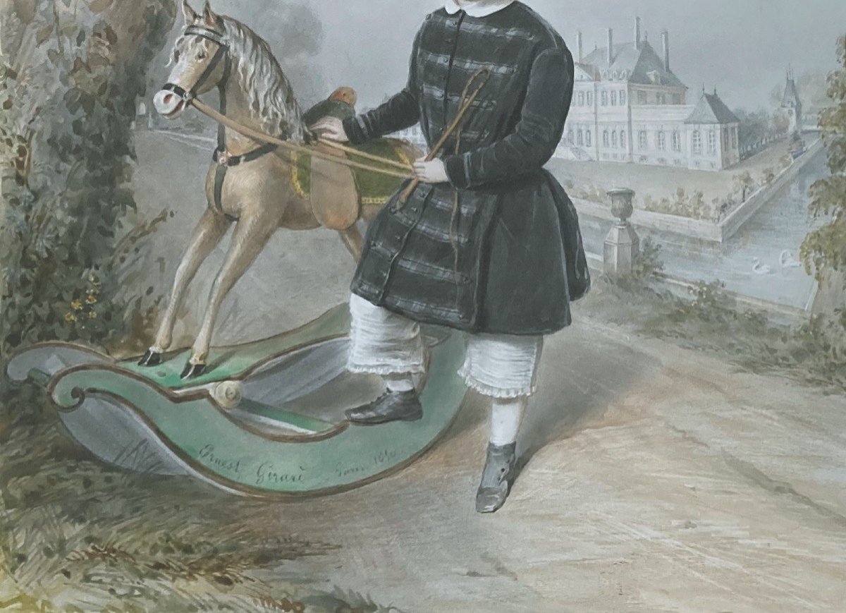 GIRARD Ernest (1813-1898) "Petit garçon et cheval" Dessin/Gouache, Signé, situé,daté,Beau cadre-photo-4