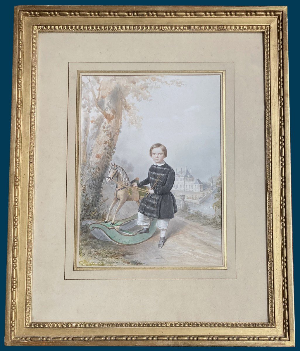 GIRARD Ernest (1813-1898) "Petit garçon et cheval" Dessin/Gouache, Signé, situé,daté,Beau cadre