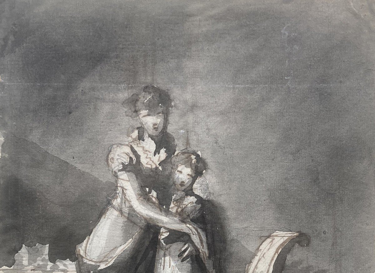 GAILLOT Bernard (1780-1847) élève de DAVID " Femme et jeune fille" Dessin/Plume lavis gris-photo-2