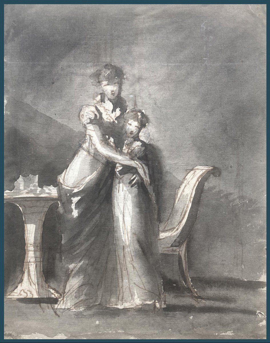 GAILLOT Bernard (1780-1847) élève de DAVID " Femme et jeune fille" Dessin/Plume lavis gris