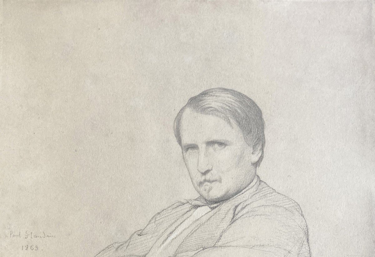 Flandrin Paul (1811-1902) "portrait Of A Man With Crossed Arms" Drawing/black Pencil, Signed, Dated, Frame-photo-2