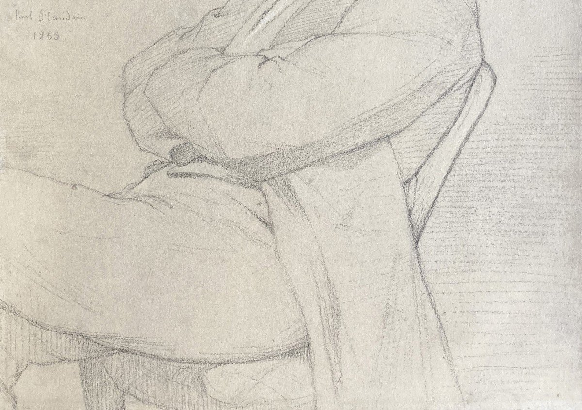 Flandrin Paul (1811-1902) "portrait Of A Man With Crossed Arms" Drawing/black Pencil, Signed, Dated, Frame-photo-3