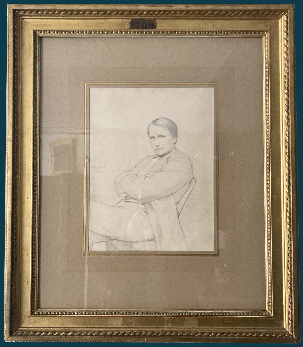 Flandrin Paul (1811-1902) "portrait Of A Man With Crossed Arms" Drawing/black Pencil, Signed, Dated, Frame