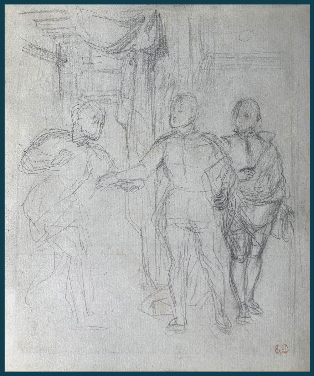 DELACROIX Eugène(1798-1863)"Hamlet &  Guildenstern"Dessin/Crayon noir,Cachet,Provenance EHRMANN