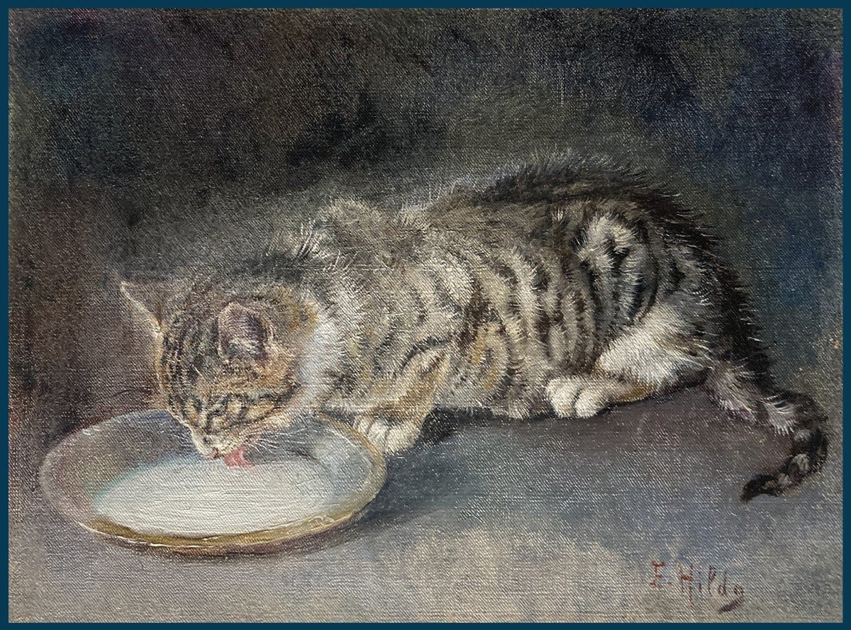 BAILY HILDA E.(1855-1955) Ecole Autrichienne, Fille de ERNST Rudolf "Un chat" Huile/toile,Signé