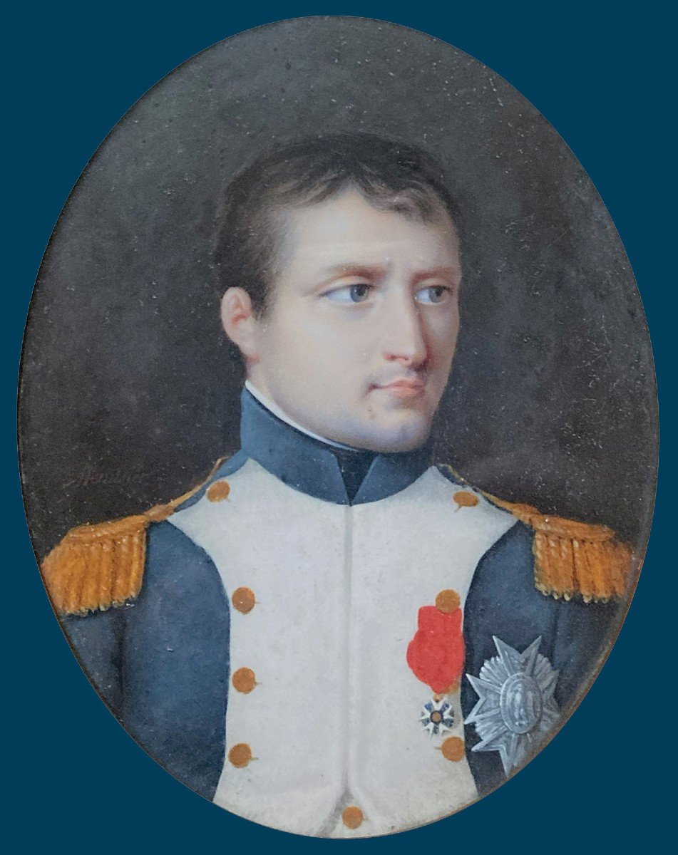 MENUSIER Jean-Pierre(Né en 1783)"Portrait Napoléon 1er" Miniature,Gouache/vélin,Signé,Cadre 19e-photo-2