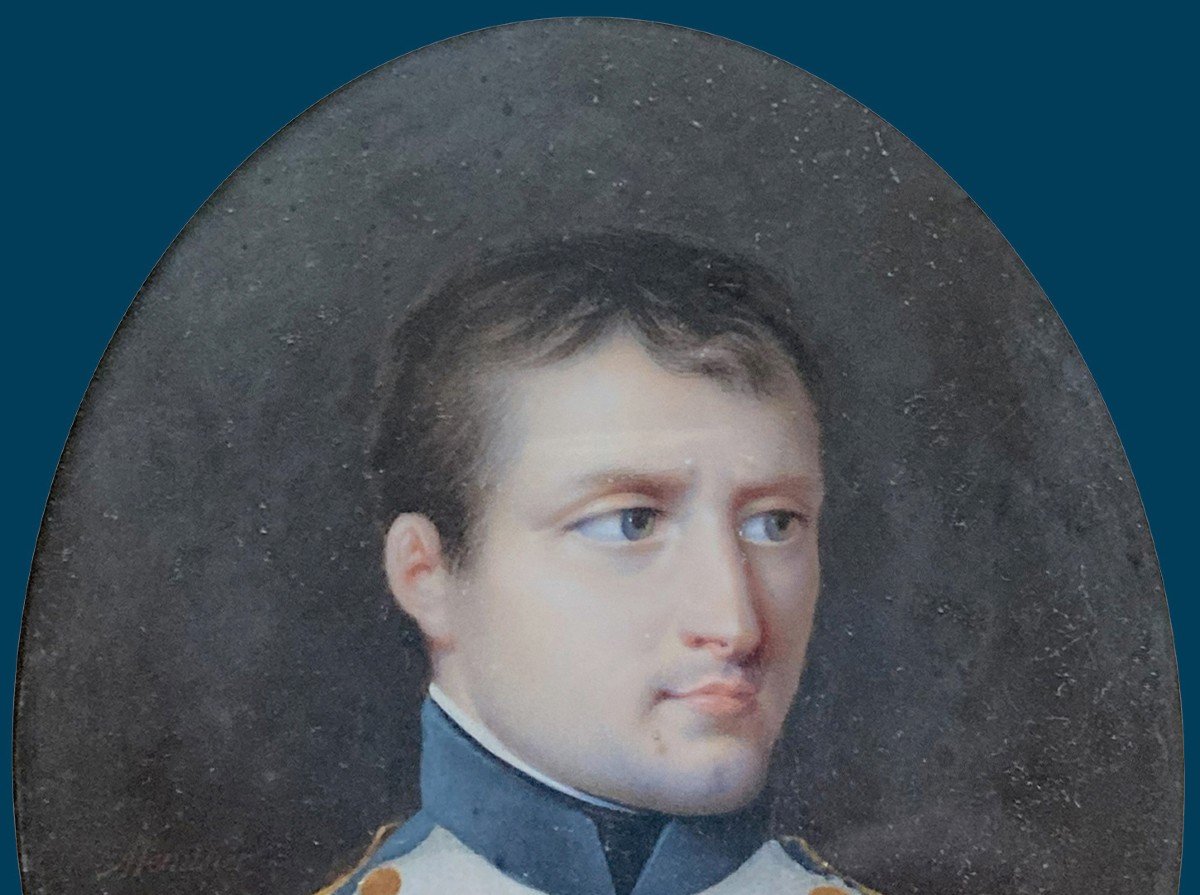 MENUSIER Jean-Pierre(Né en 1783)"Portrait Napoléon 1er" Miniature,Gouache/vélin,Signé,Cadre 19e-photo-3