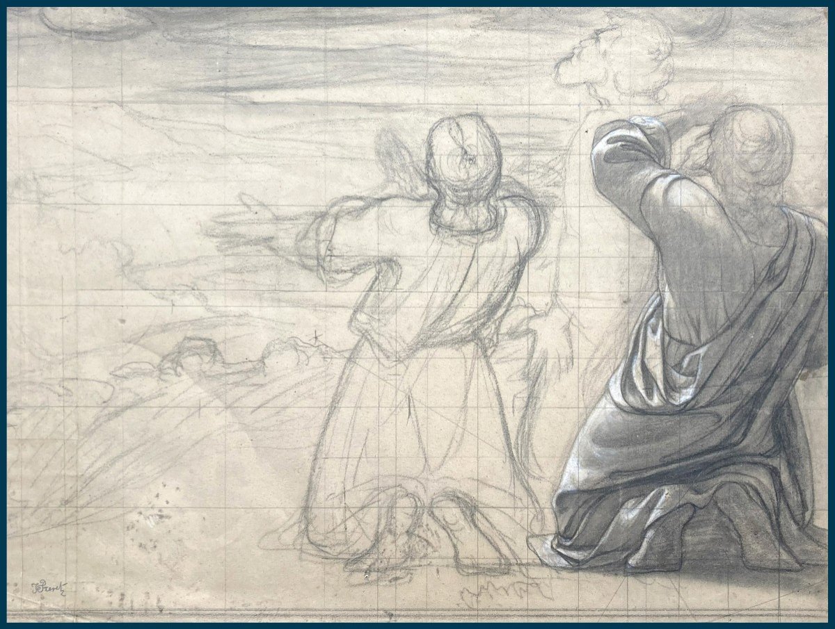 Frenet Jean-baptiste (1814-1889) "kneeling Figures" Drawing/black Pencil, White Chalk, Stamp