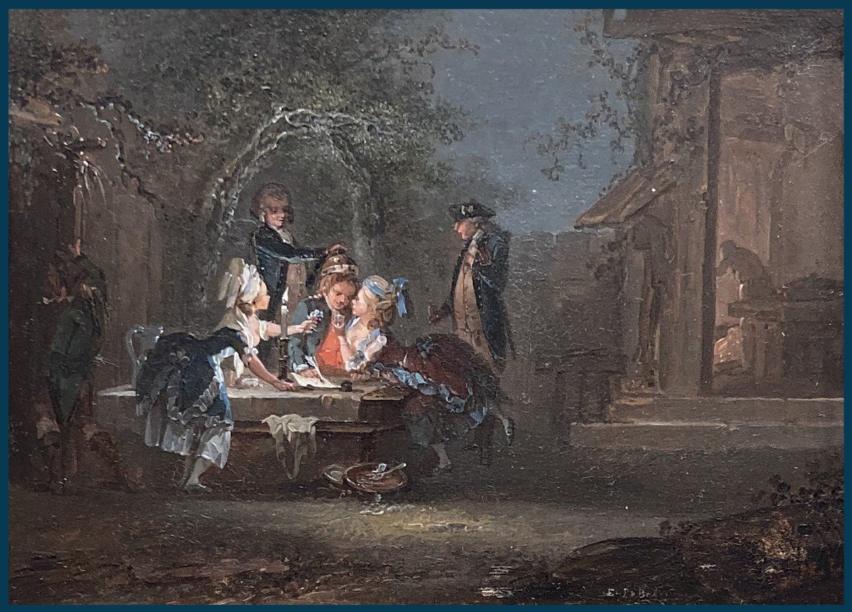 LE BEL Jean Etienne Dit Maître LEBEL (1727-1827) "Personnages autour table" Huile/verre, Cadre-photo-2