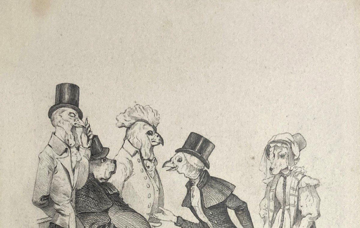 GRANDVILLE Jean-Ignace Isidore (1803-1847) "Les animaux" Dessin au crayon noir, Signé et daté-photo-2