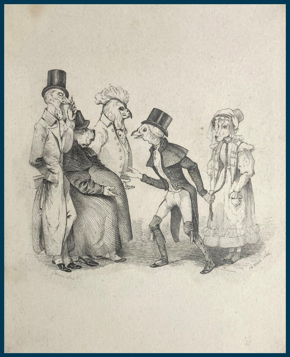 GRANDVILLE Jean-Ignace Isidore (1803-1847) "Les animaux" Dessin au crayon noir, Signé et daté