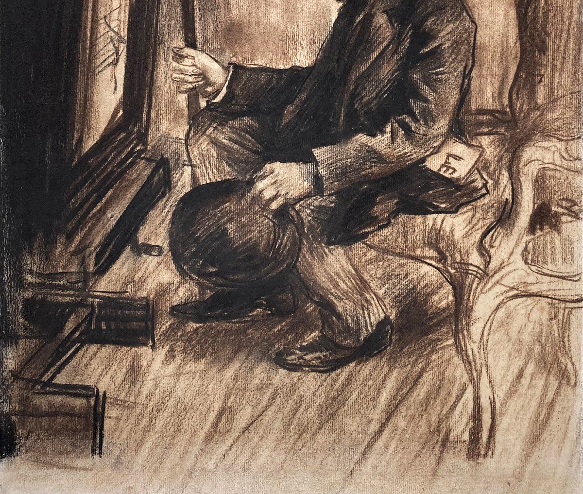 GOENEUTTE Norbert (1854-1894) "Autoportrait" Dessin/Crayon noir signé, daté. Avec une Eau-forte-photo-3