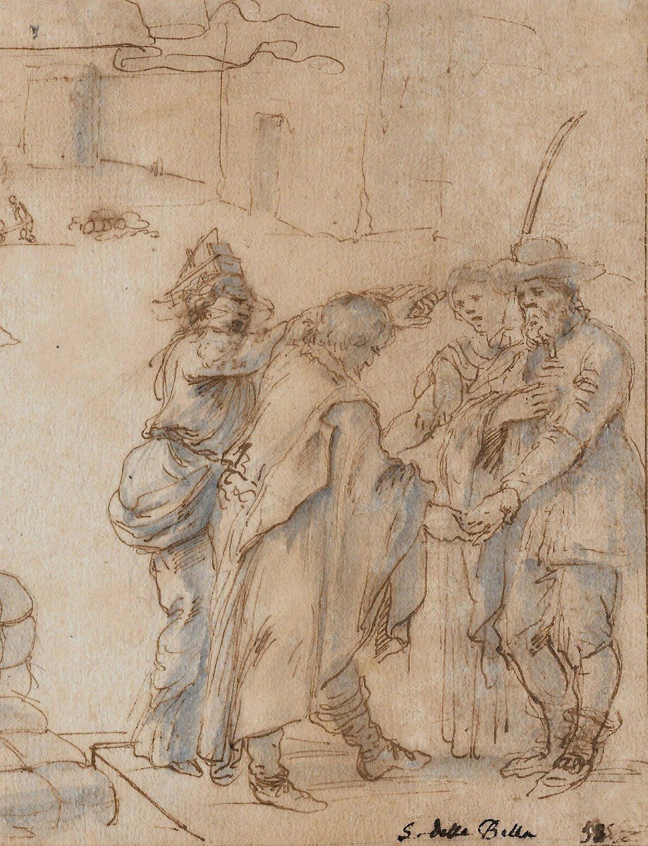 Della Bella Stefano (1620-1664) "merchants At The Port" Drawing/pen, Ink Wash, Provenance-photo-3