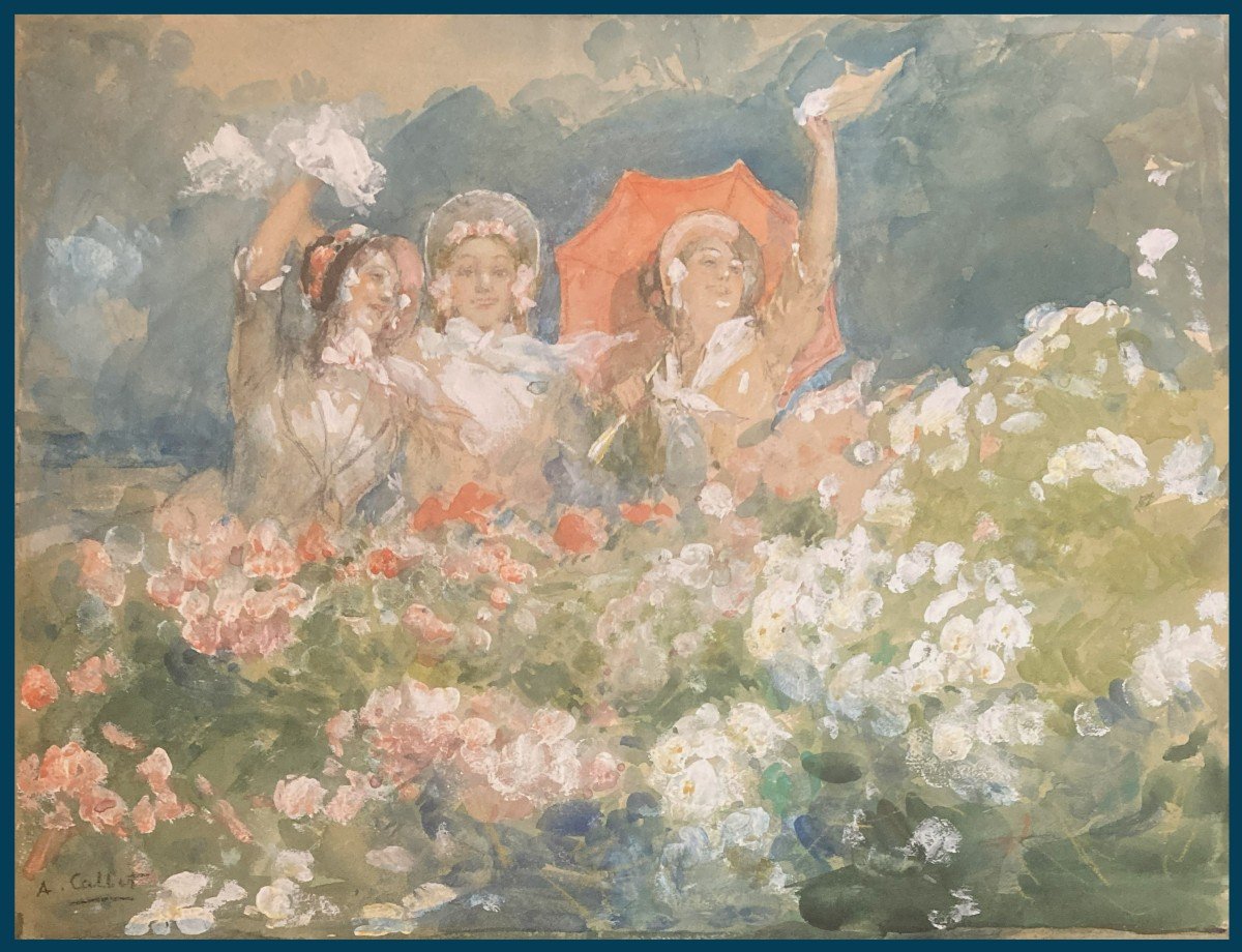 CALBET Antoine (1860-1942) "Les trois élégantes" Aquarelle et gouache, signé