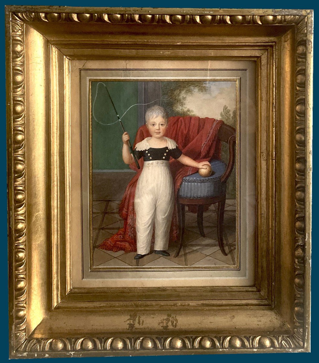 German School From Circa 1820 "portrait Of A Child" Watercolor, Frame From 19th Century 