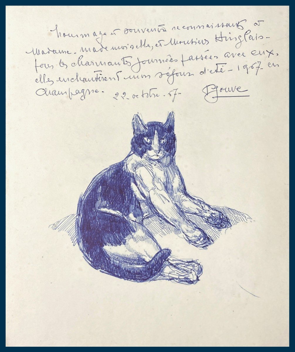 JOUVE Paul (1878-1973)"Un chat" Dessin/Encre, Signé et daté, Envoi/Hommage, Souvenir M. Hinglai