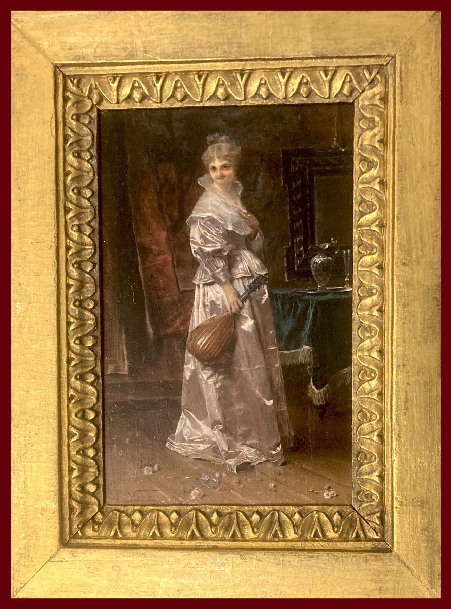 Vinea Francesco (1845-1902) "an Elegant Woman" Oil On Panel, Signed, 19th Century Frame