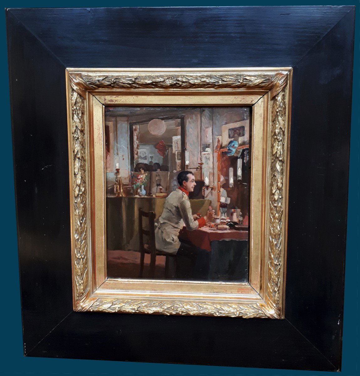 Damour Charles (1813-1890), Student Of Ingres "artist In His Dressing Room" Oil/panel, Signed, Frame 19th-photo-3