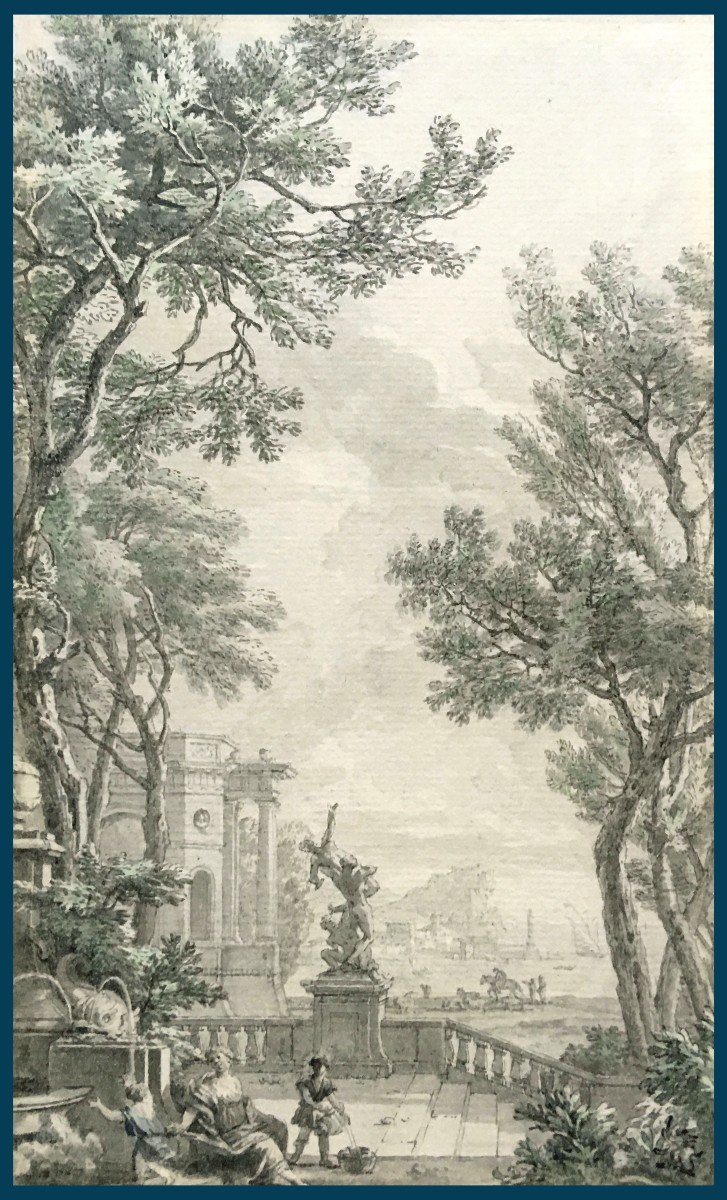 MOUCHERON Isaac (1670-1744) Ecole Hollandaise "Paysage animé à l'antique"Dessin/Plume,aquarel