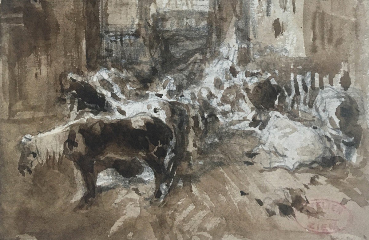 ZIEM Félix (1821-1911) "Animaux" Dessin au crayon noir et lavis brun, Cachet de l'atelier-photo-3