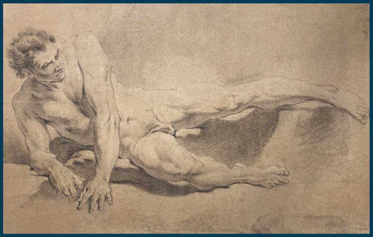 DESHAYS Jean-Baptiste (1729-1765) "Académie d'homme" Dessin à la pierre noire, signé