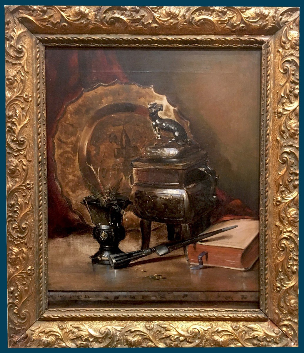 FANTY LESCURE Gaston (1849-1914) "Brûle-parfum et livre", Huile sur toile, signé, Cadre fin 19e