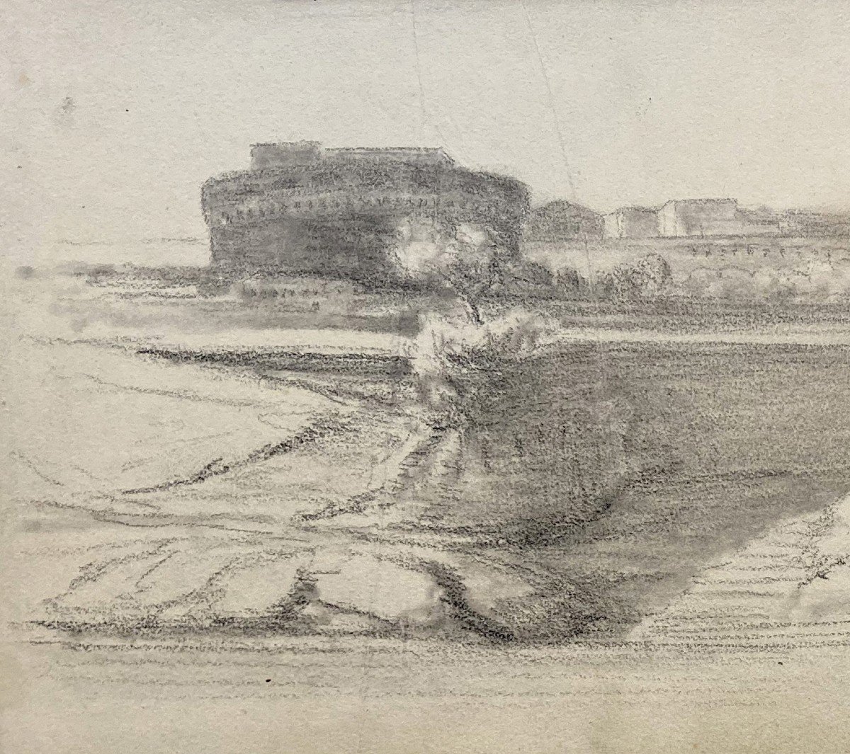 DELAROCHE Paul (1797-1856) "Vue du Château St Ange Rome" Dessin/Crayon noir, Provenance, Cachet-photo-2