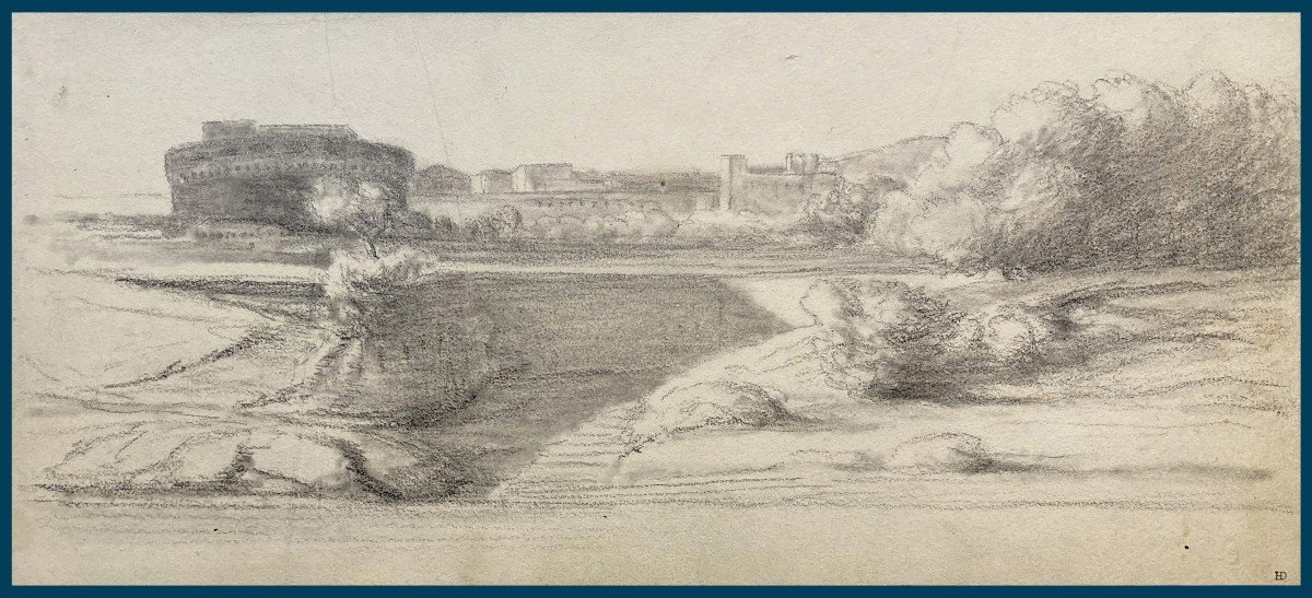 DELAROCHE Paul (1797-1856) "Vue du Château St Ange Rome" Dessin/Crayon noir, Provenance, Cachet