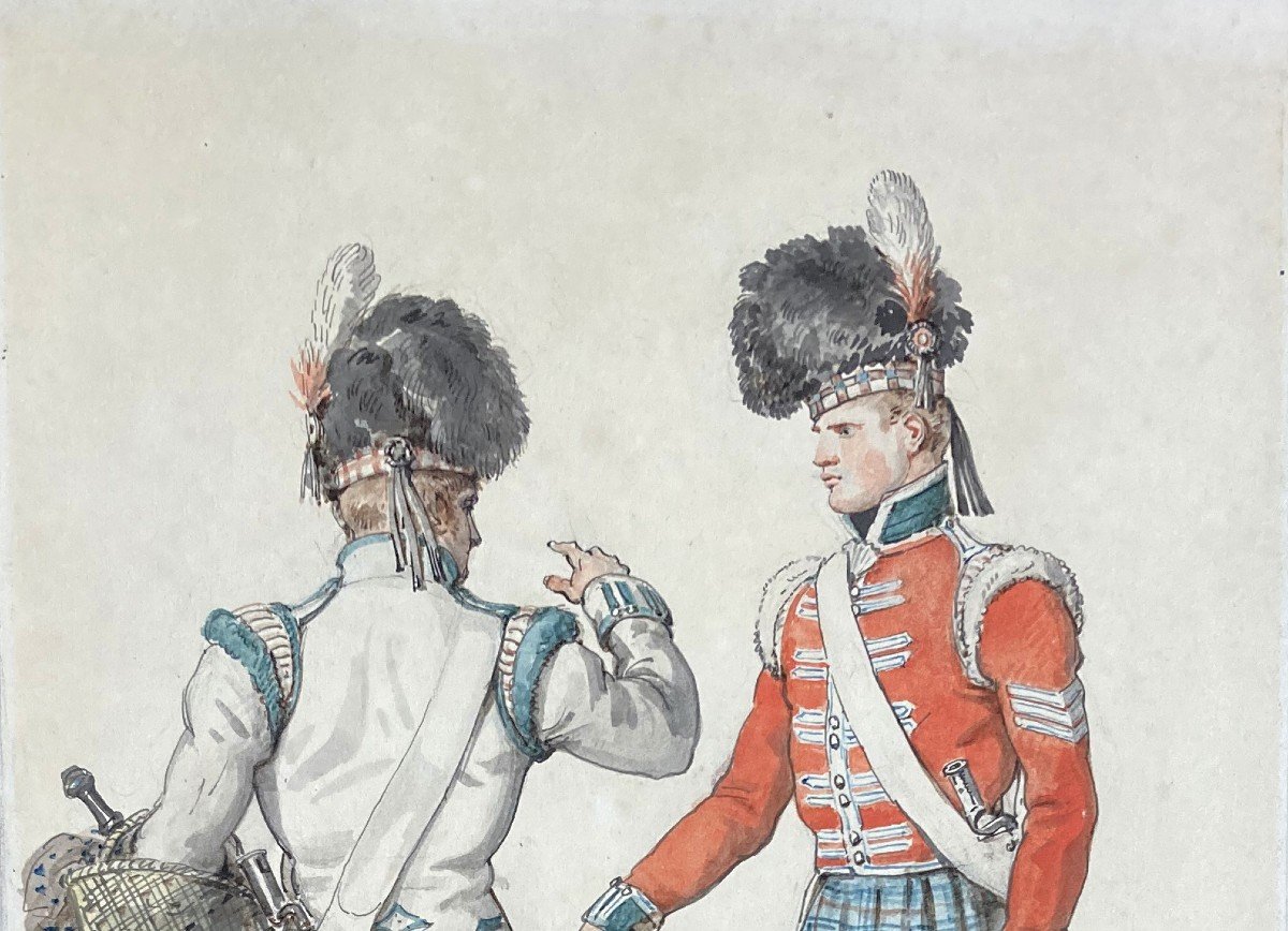 Vernet Carle (1758-1836) "two Scottish Soldiers" Drawing/pen And Watercolor, Signed, 19th Frame-photo-2