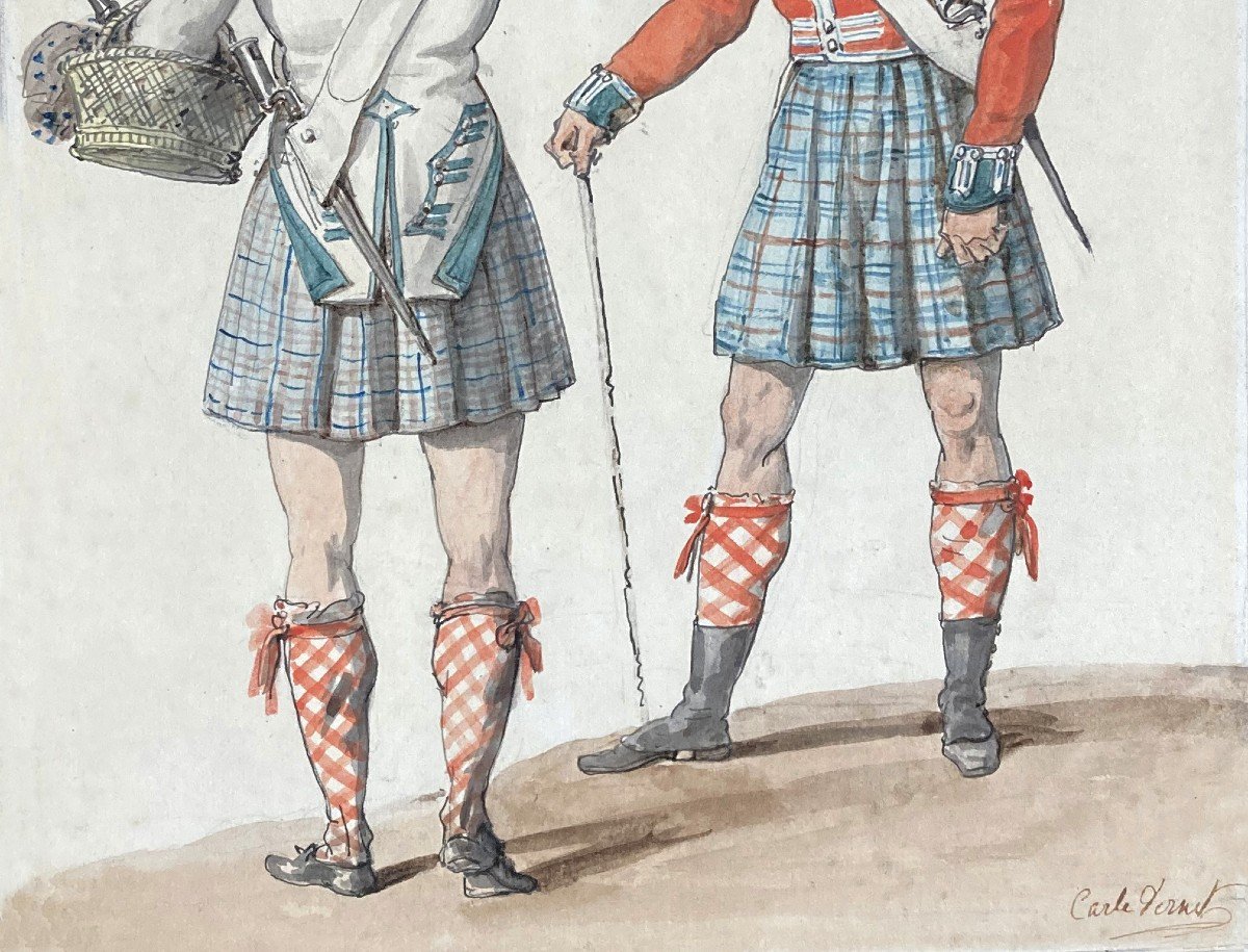 Vernet Carle (1758-1836) "two Scottish Soldiers" Drawing/pen And Watercolor, Signed, 19th Frame-photo-3