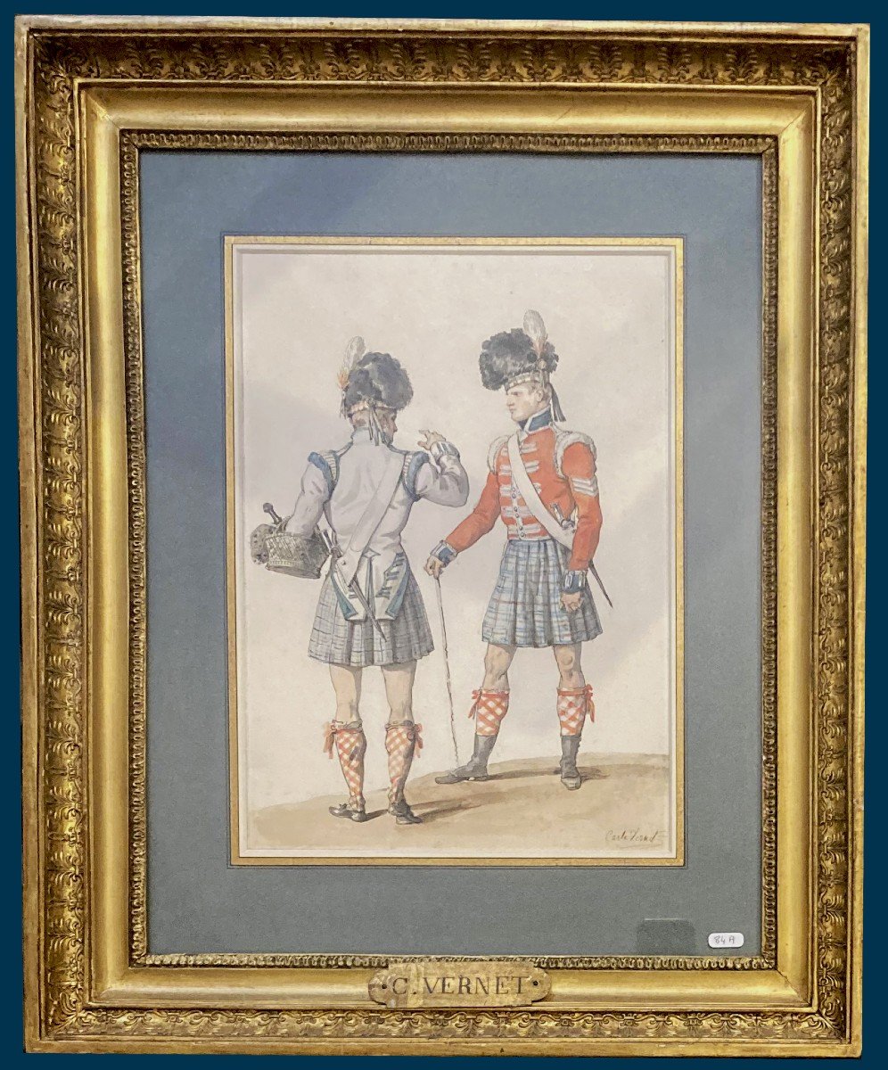 Vernet Carle (1758-1836) "two Scottish Soldiers" Drawing/pen And Watercolor, Signed, 19th Frame-photo-4