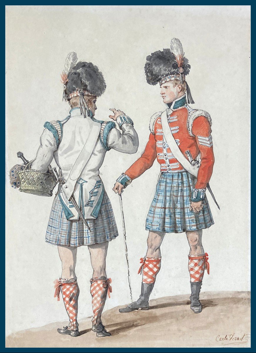 Vernet Carle (1758-1836) "two Scottish Soldiers" Drawing/pen And Watercolor, Signed, 19th Frame