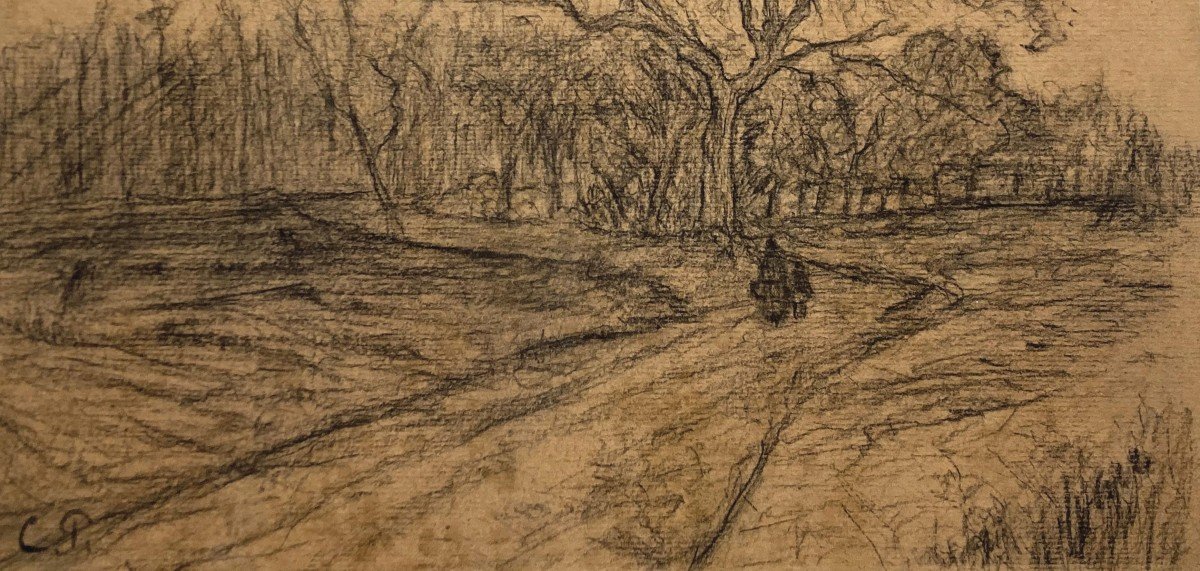 Pissarro Camille (1830-1903) "landscape And Figures" Black Pencil Drawing, Stamp, Frame 19th-photo-3