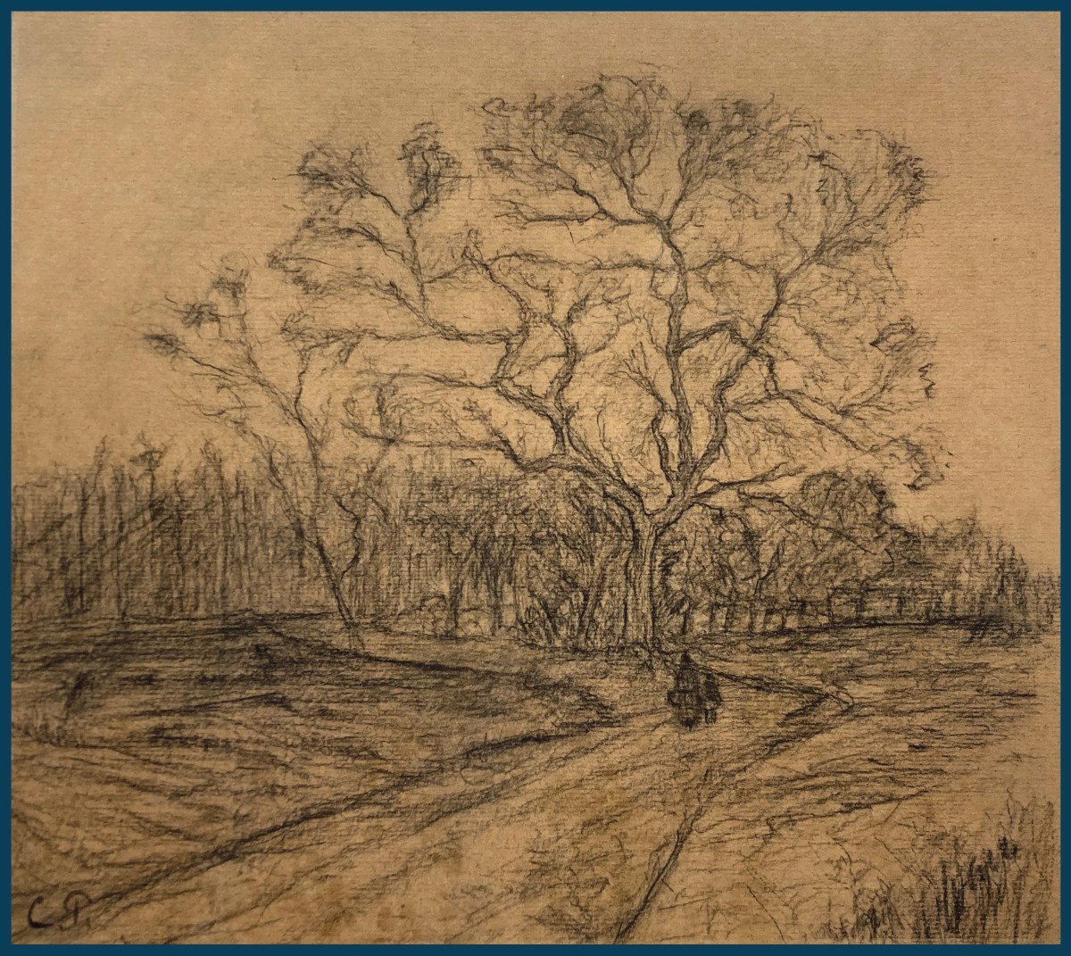 Pissarro Camille (1830-1903) "landscape And Figures" Black Pencil Drawing, Stamp, Frame 19th