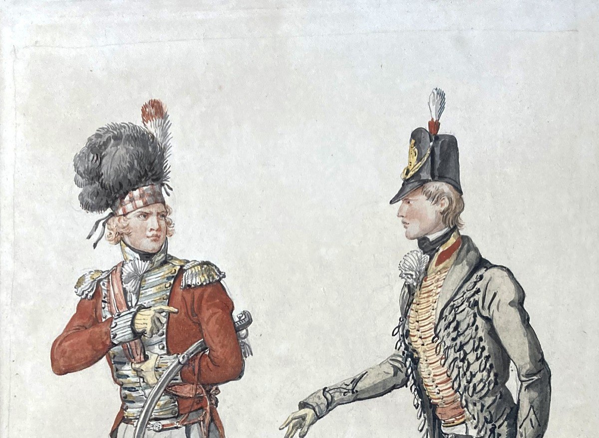 VERNET Carle (1758-1836) "Officiers anglais et écossais" Dessin/Plume, aquarelle, signé, Cadre-photo-2