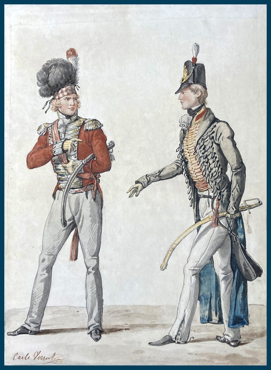 VERNET Carle (1758-1836) "Officiers anglais et écossais" Dessin/Plume, aquarelle, signé, Cadre