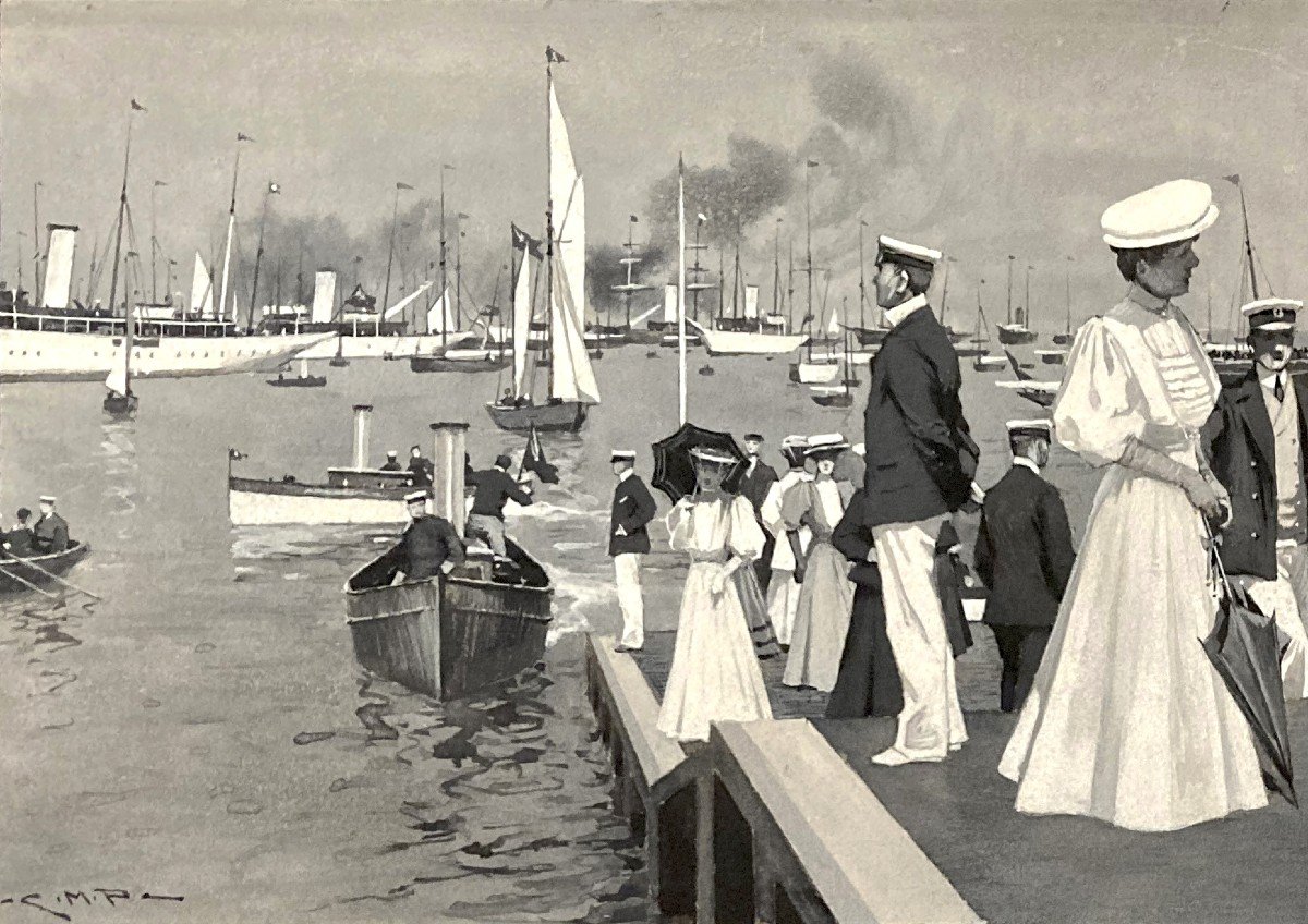 ECOLE ANGLAISE 1906 "The Royal Yacht Squadron,Château de Cowes,Île de Wight N°1" Gouache, Signé-photo-2