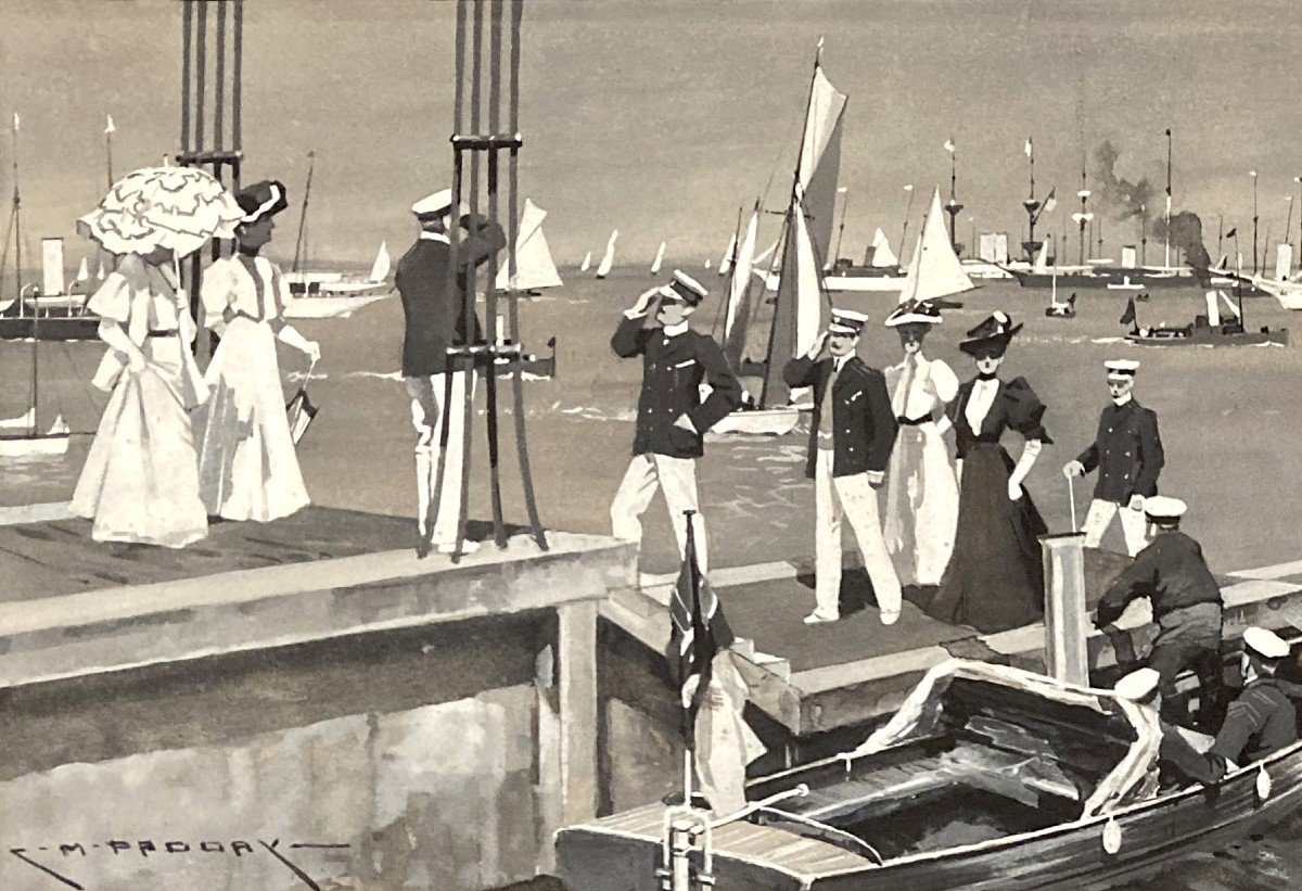 ECOLE ANGLAISE 1906 "The Royal Yacht Squadron,Château de Cowes,Île de Wight N°2" Gouache, Signé-photo-2