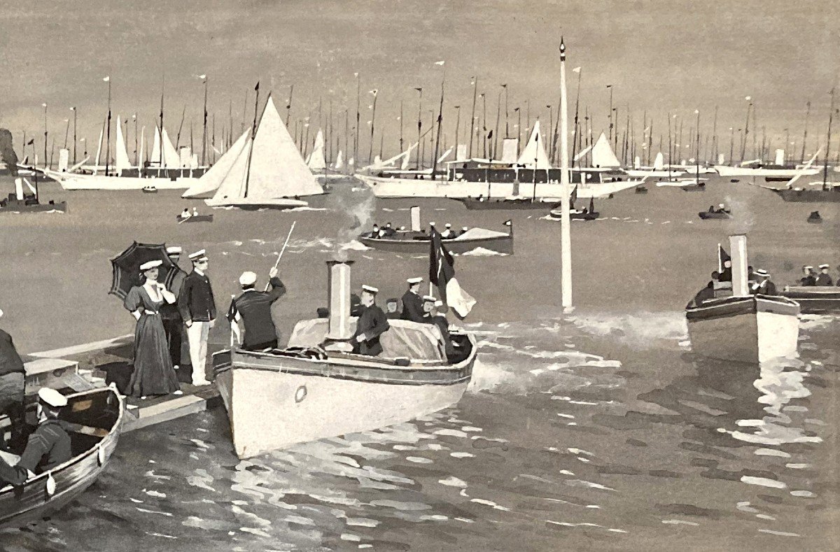 ECOLE ANGLAISE 1906 "The Royal Yacht Squadron,Château de Cowes,Île de Wight N°2" Gouache, Signé-photo-3