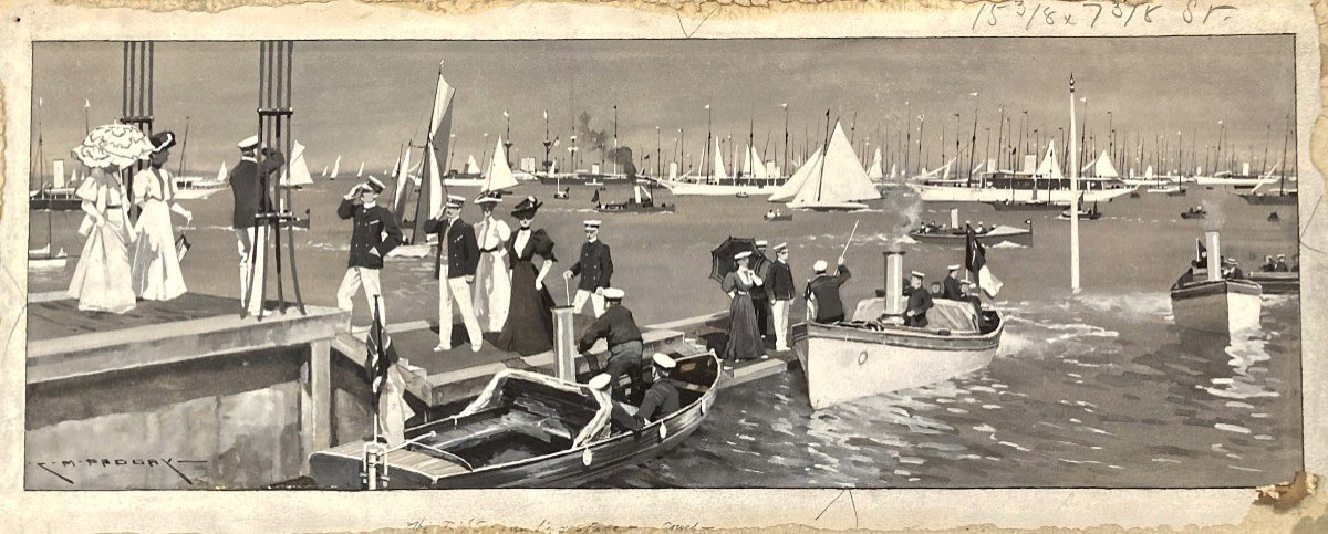 ECOLE ANGLAISE 1906 "The Royal Yacht Squadron,Château de Cowes,Île de Wight N°2" Gouache, Signé-photo-4