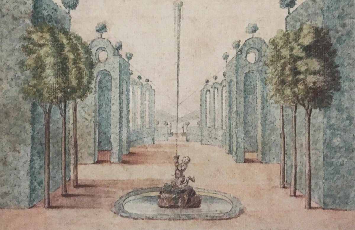 ECOLE FRANÇAISE 17E SIECLE "Jardin et fontaine" Dessin à la plume et aquarelle-photo-3