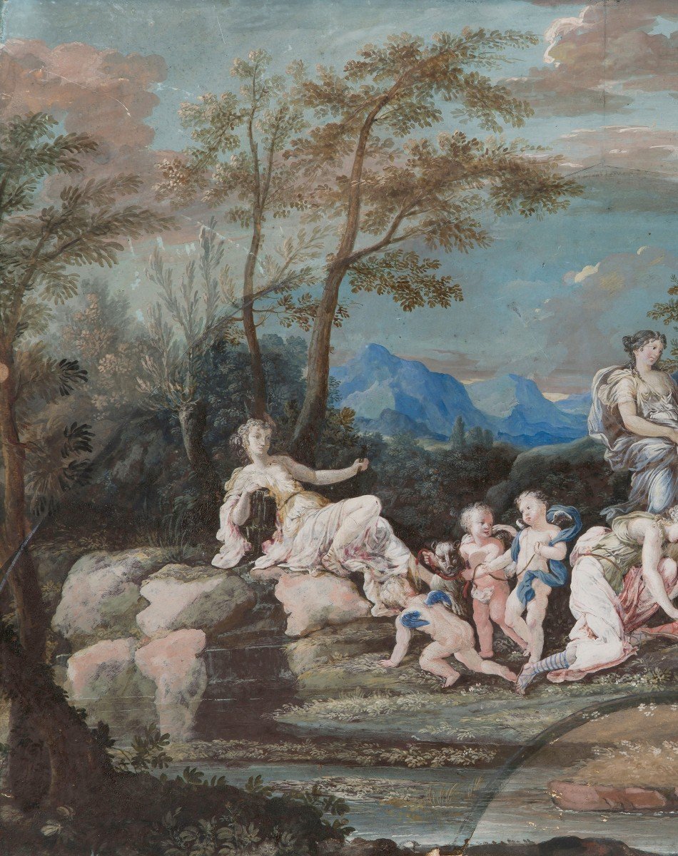 French School Late 17th-early 18th Century "diana And Apollo" Gouache Drawing, 18th Century Frame-photo-2