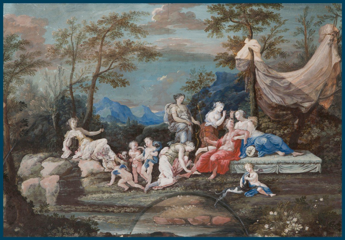 French School Late 17th-early 18th Century "diana And Apollo" Gouache Drawing, 18th Century Frame