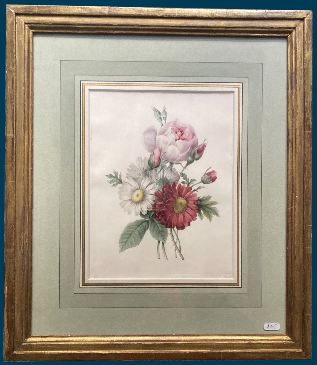 Redouté Pierre-Joseph (1759-1840) "Fleurs" Aquarelle sur vélin, Annoté, Cadre 19e