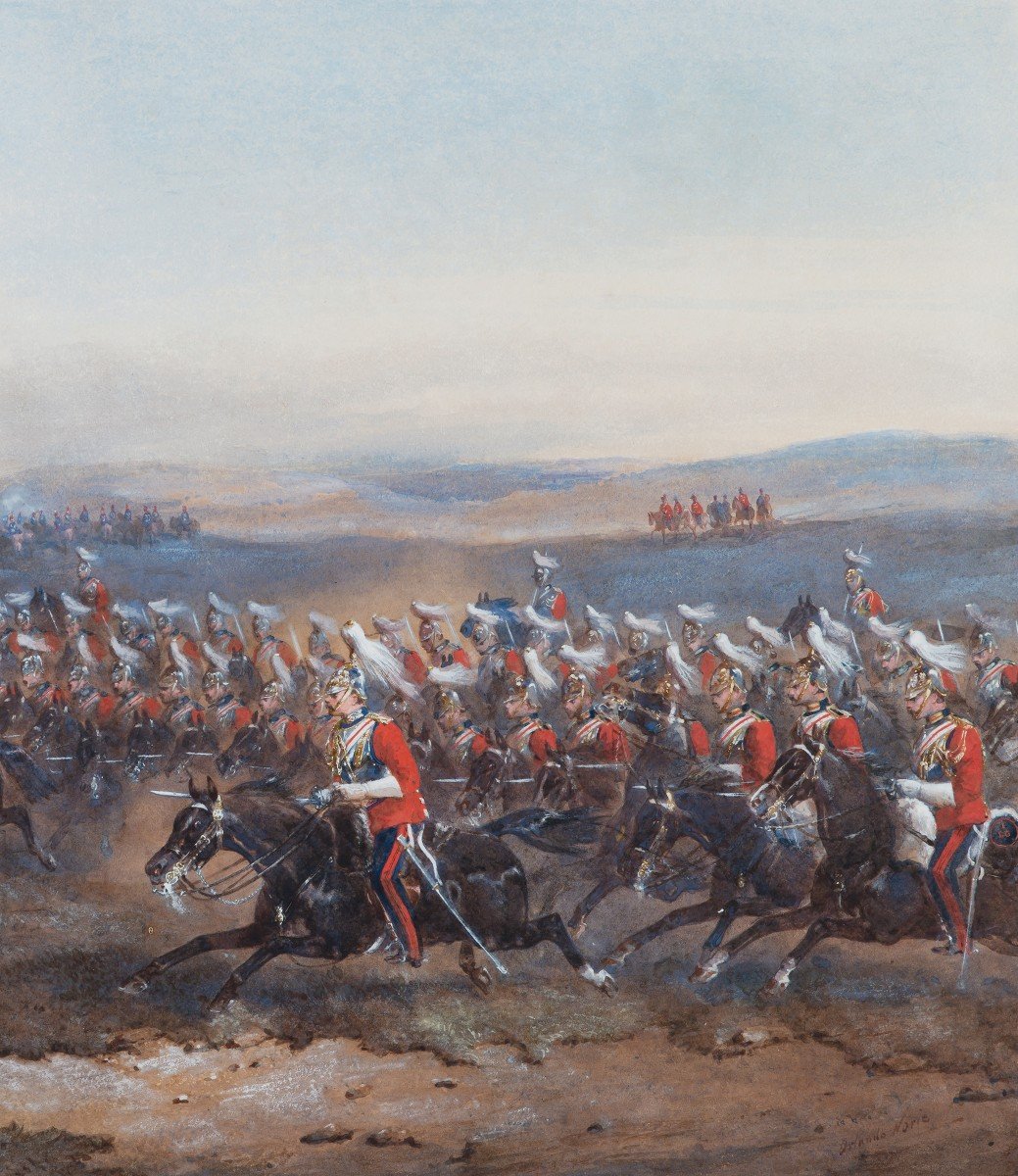 Norie Orlando (1832-1901) "charge Of The British Cavalry" Large Gouache, Signed-photo-3