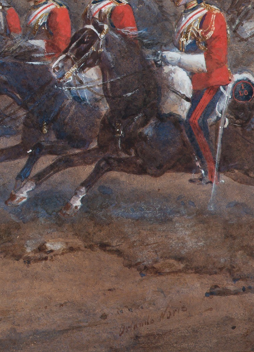 Norie Orlando (1832-1901) "charge Of The British Cavalry" Large Gouache, Signed-photo-4